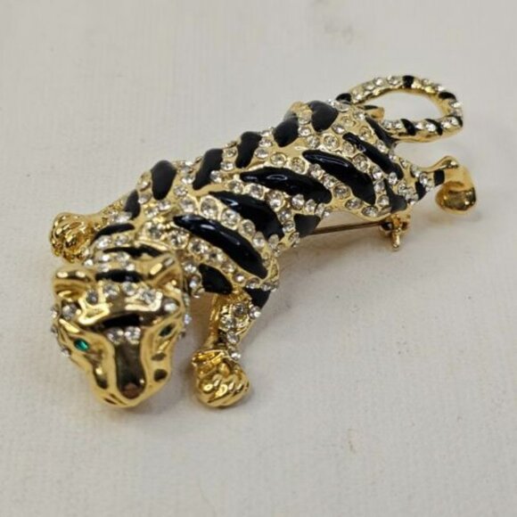 Gold Tone Tiger Brooch Clear Rhinestone Enameled Black Stripes Green Eyes Pin - Picture 1 of 7